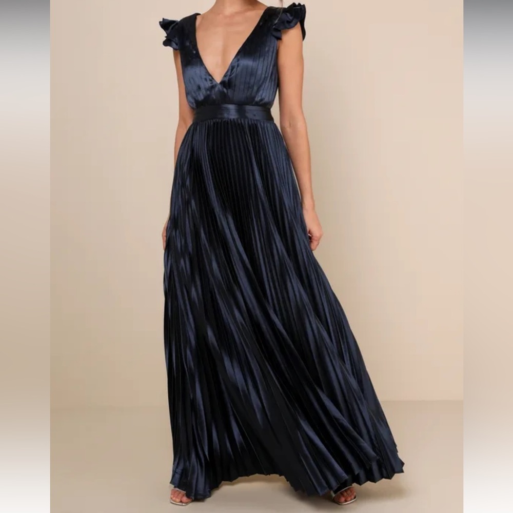 Lulu's Exceptional Drama Navy Blue Satin Pleated Maxi Dress